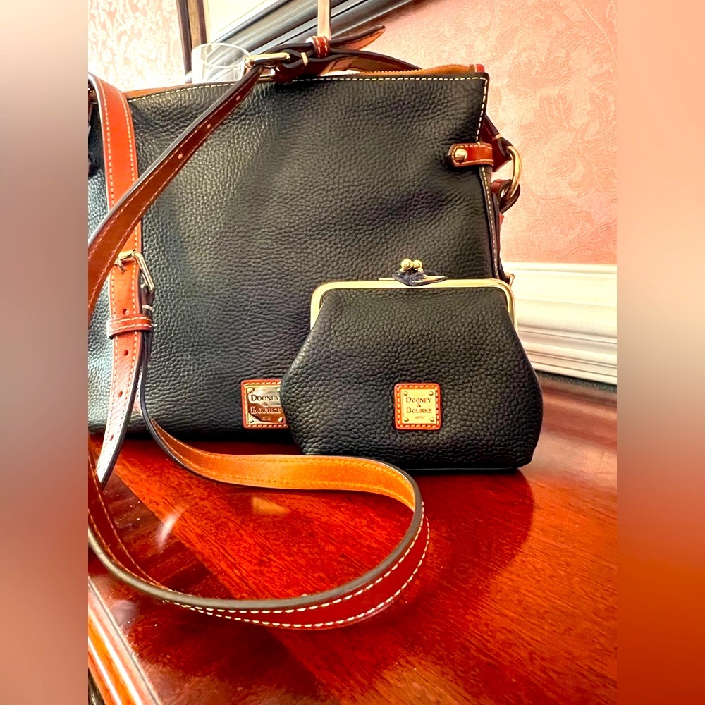 Dooney & Bourke Pebble Leather Satchel in Black w/ Matching Kisslock Wallet